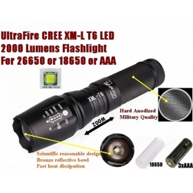 UltraFire E26 Hard anodized CREE XM-L T6 2000Lumens 5-Mode Zoomable LED CREE Flashlight T6 Torch For 26650 or 18650 or 3 x AAA Battery