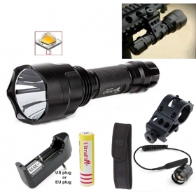UltraFire C8 5-Mode CREE XM-L2 LED Spotlight Hunting Tactical Flashlight Torch+Tactical mount/Remote switch/18650 battery/Charger/ flashlight holster