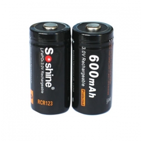 Soshine LiFePO4 RCR123 Battery 600mAh 3.2V Protected battery(1pair)