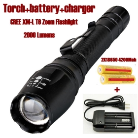 ALONEFIRE E27 CREE XM-L T6 2000Lm Hard anodized LED Torch Zoom CREE LED flashlight Torch lamp+battery+charger