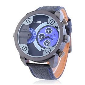 1PC Oulm Men Watch with Double Movt Numbers and Strips Hours Marks Leather Band Quartz men sports Watch Military watches -3130 blue