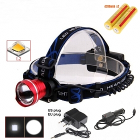 AloneFire HP87 Cree XM-L2 LED Zoom led Headlamp Headlight With 2 x18650 battery /AC charger/car charger -Red