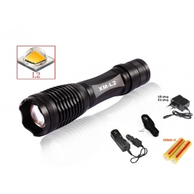 UltraFire E007 CREE XM-L2 LED 2200Lumens Zoom Flashlight Torch For 3xAAA or 1x18650 battery with 2x18650 Battery+AC Charger+Car charger+holster