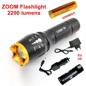 AloneFire 1set Waterproof CREE XM-L T6 2200 Lumen Torch Tactical Zoom Cree Led Flashlight led 1*4200MAH 18650 battery+charger+car charger - SK108