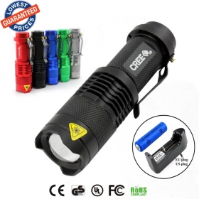 SK68 CREE XPE Q5 LED 1 model Portable Mini Flashlight torches Adjustable Focus flash Light Lamp with 14500 battery/charger