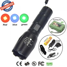 E17 / A100 CREE Q5 3W LED Red/Green/Blue Light LED Hunting Flashlight Torch + 1x18650 Rechargeable battery/car cahrger/holster