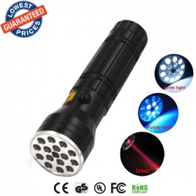 Black 15 LED Torch + UV Red Laser Pointer Bright LED Aluminum Flashlight For Hiking