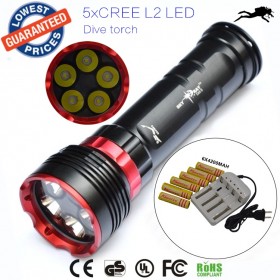 DX5S diving 8000lm 5xcree XM-L L2 LED scuba diving flashlight torch dive light +18650 battery+charger