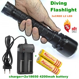 Alonefire DV20 CREE XML L2 LED Waterproof Underwater Diving diver 18650 Flashlight Torch Light Lamp+18650 Rechargeable battery+charger