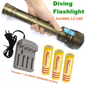 21000 LM Underwater diving flashlight CREE L2 Waterproof 9L2 Dive Torch for diving + 3*18650 Rechargeable batteries +Charger DX9S 1SET