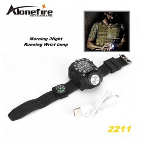 ALONEFIRE 2211 Tactical Compass FlashLight Rechargeable Q5 LED Watch Flashlight Wristlight Waterproof Wrist Lighting Lamp Outdoor 800LM 5 Modes