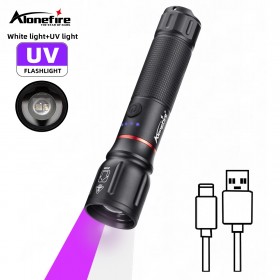 Alonefire X107-White Light+395nm UV Light USB Ultraviolet UV Flashlight Zoomable Violet Light & Emergency Spotlight Telescopic Zoom Handheld