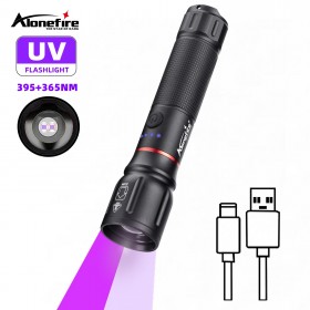 AloneFire X107-395+365nm Zoomable USB Rechargeable UV Flashlight Ultraviolet Torch Violet Light For Ink Dryer Money Fluorescer Detector UV Oil Curing Purple Lantern