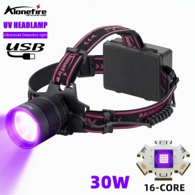 Alonefire HP5 30w 365NM UV Light Headlamp Motion Sensor Ultraviolet Headlight Rechargeable Purple Head Torch Scorption Hunting Light Pet Urine Detector