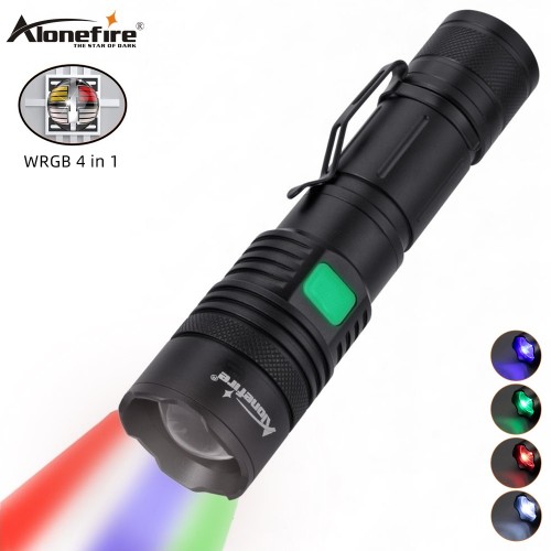 Alonefire X004 Torcia Tattica 4 Colori LED (RGBW) – Ricaricabile, Zoomabile E Impermeabile Per Caccia E Campeggio